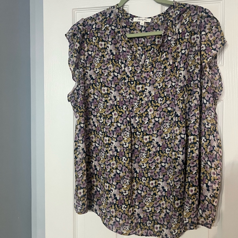Monday Fun Split Neck Floral Flutter Sleeve Top - Lavender and Blues - Picture 5 of 8
